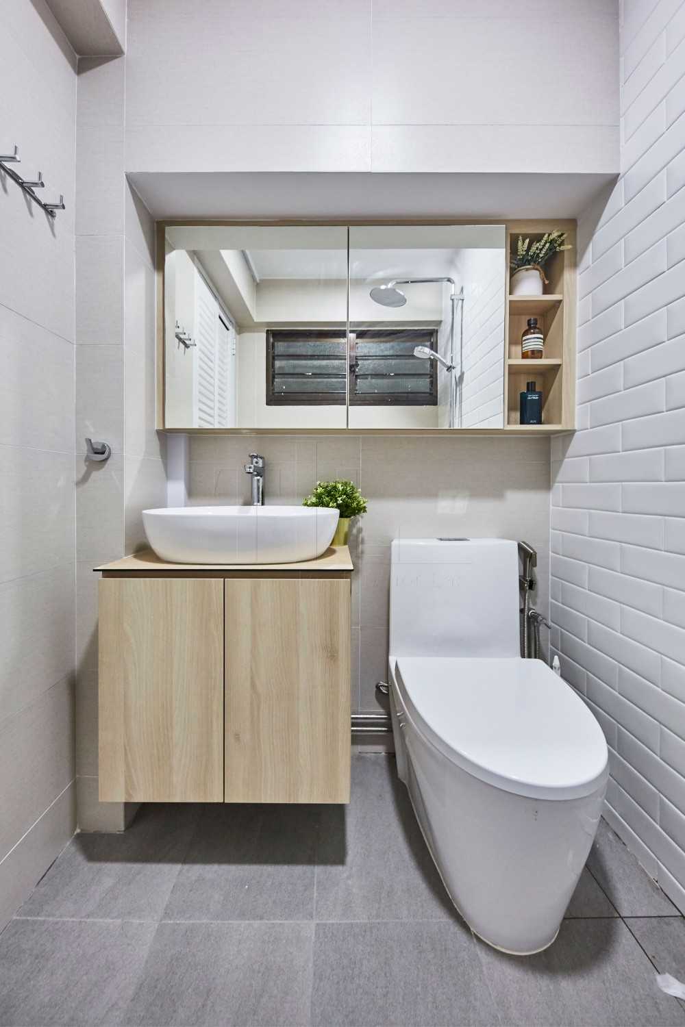 Scandinavian Bathroom with Mirror and Display Cabinets