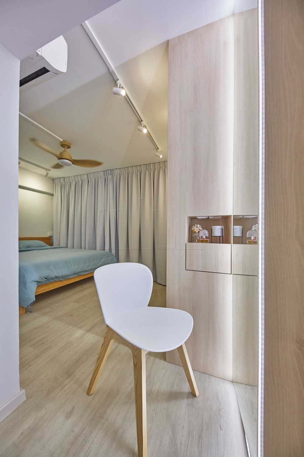 Scandinavian Bedroom with Wood Flooring and Mirror