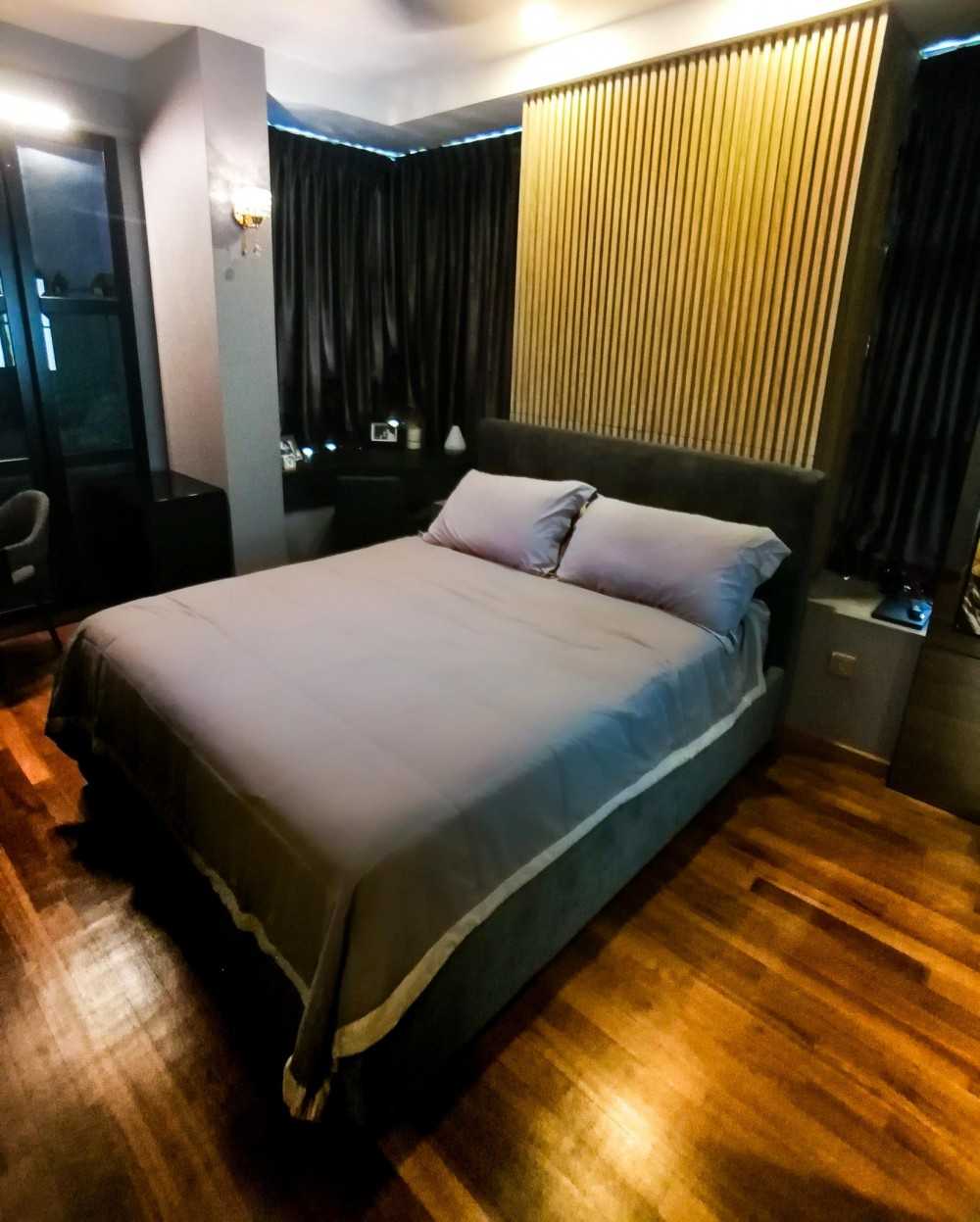 Modern Bedroom with Parquet Floor and Curtain