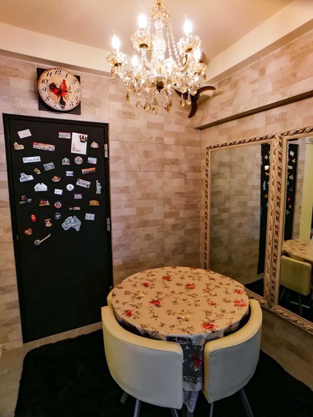 Asian Dining Room with Wallpaper and Lighting