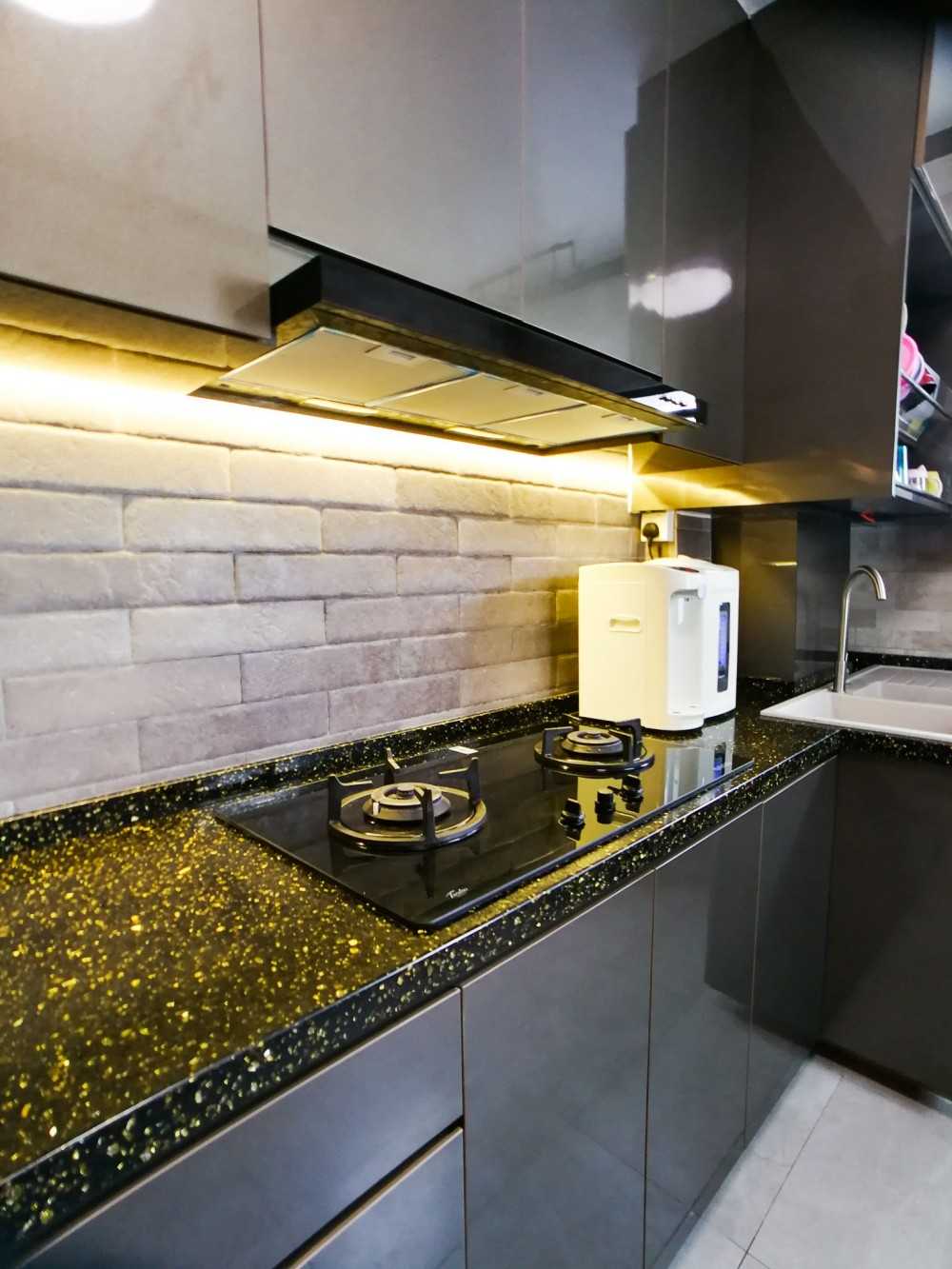 Asian Kitchen with Countertop and Feature Wall