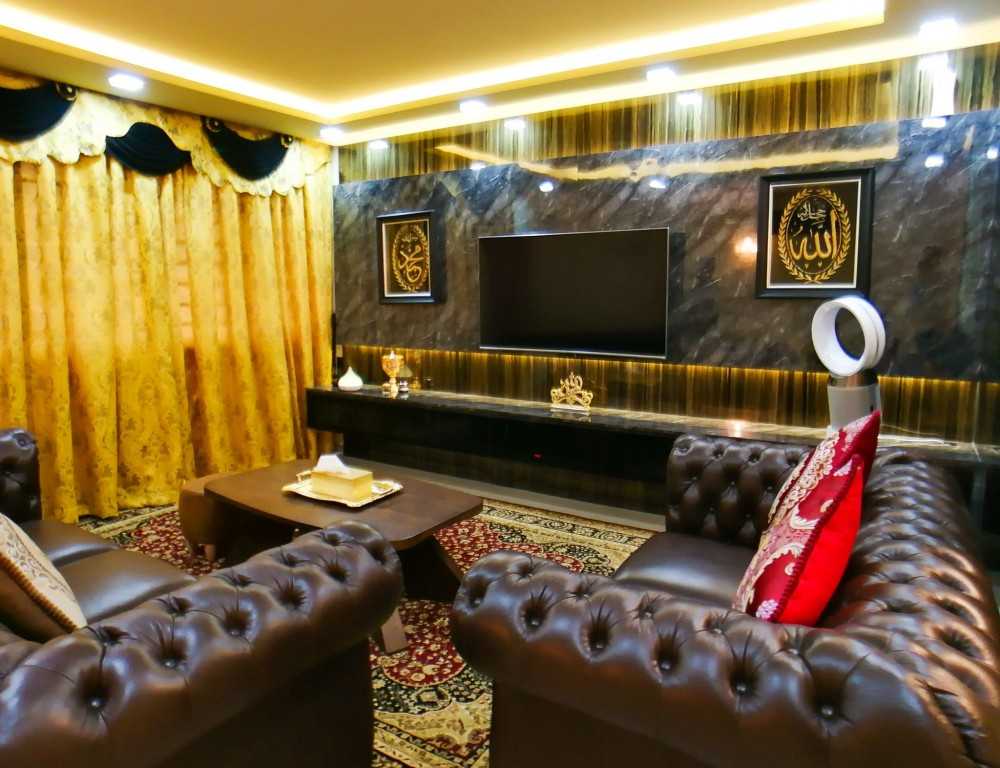 Asian Living Room with Feature Wall and Cove Lighting