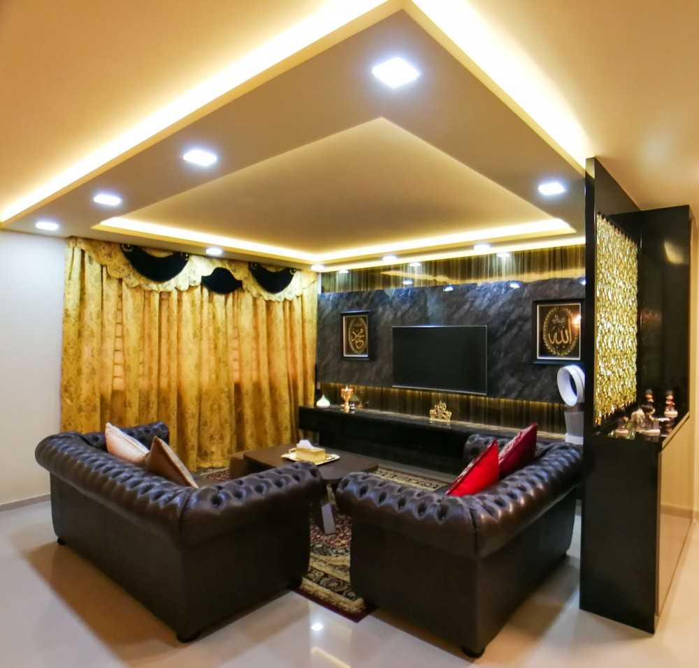 Asian Living Room with Feature Wall and Cove Lighting