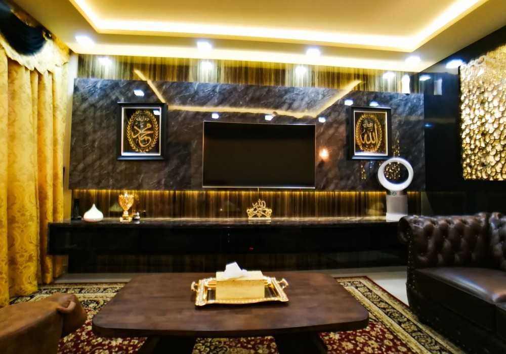 Asian Living Room with TV Console and Feature Wall