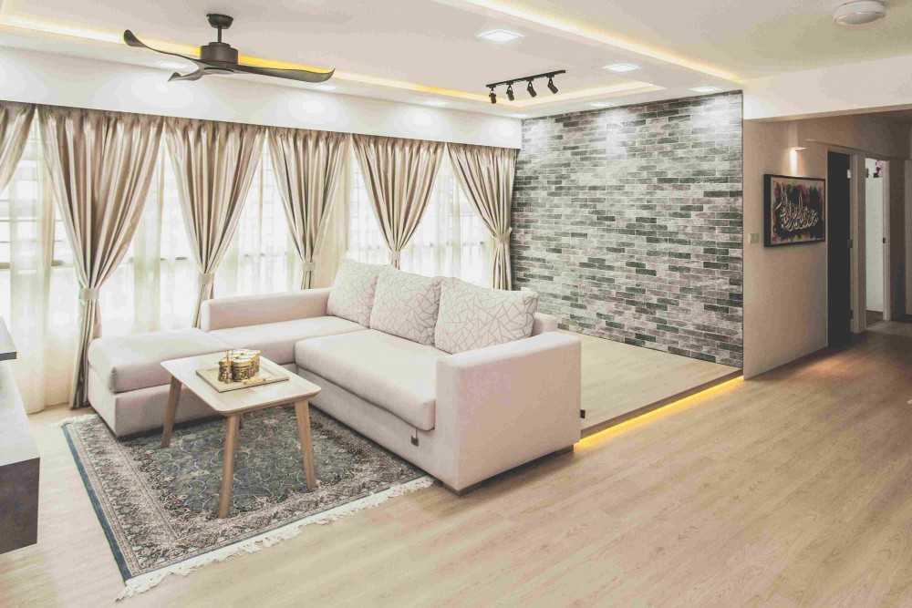 Country Living Room with Vinyl Flooring and Feature Wall