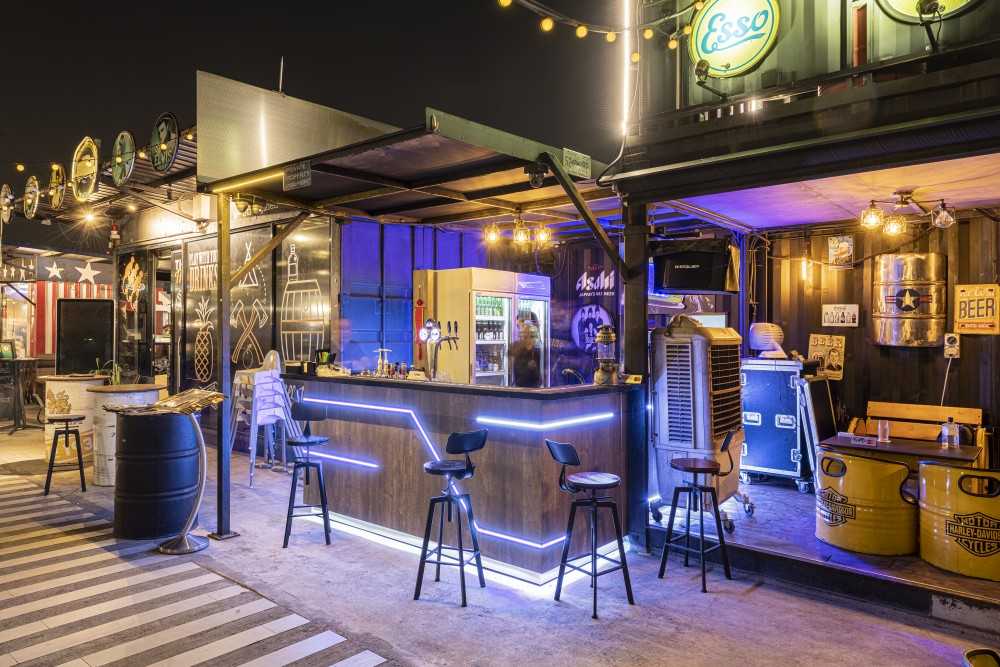 Industrial Restaurant with Bar Counter and Dining Table