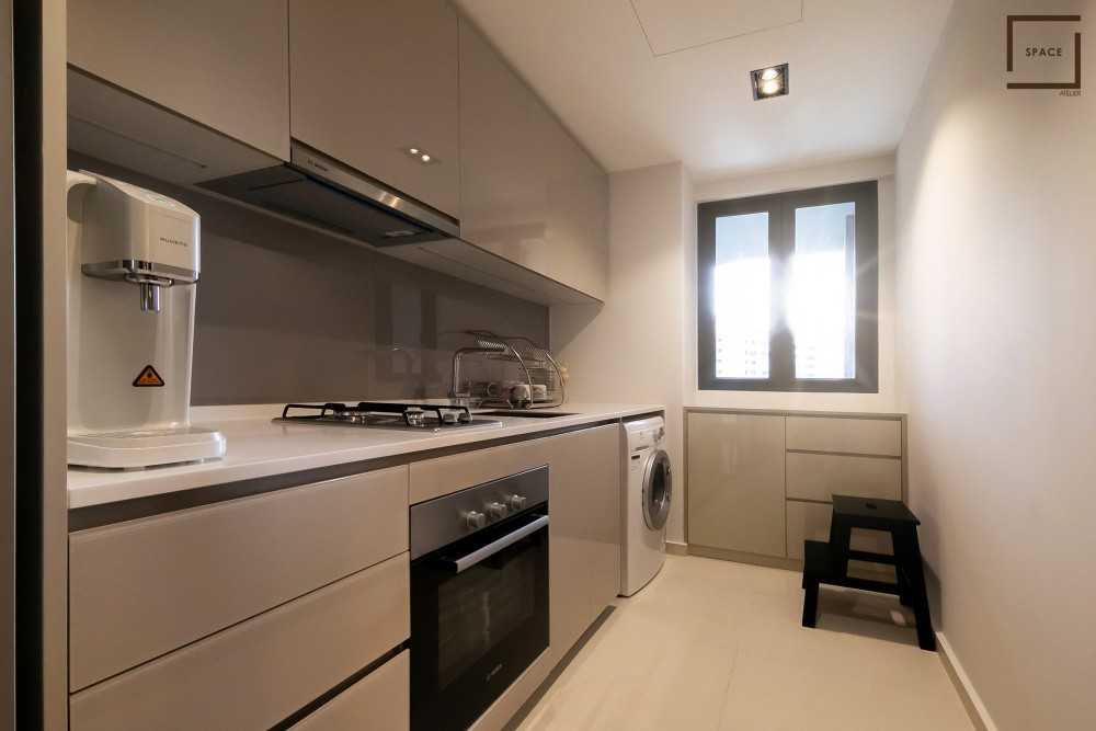 Contemporary Kitchen with Kitchen Window and Cupboard