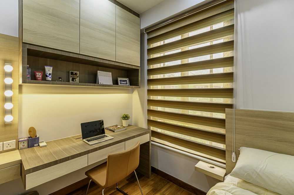 Asian Bedroom with Parquet Floor and Built-in Bed