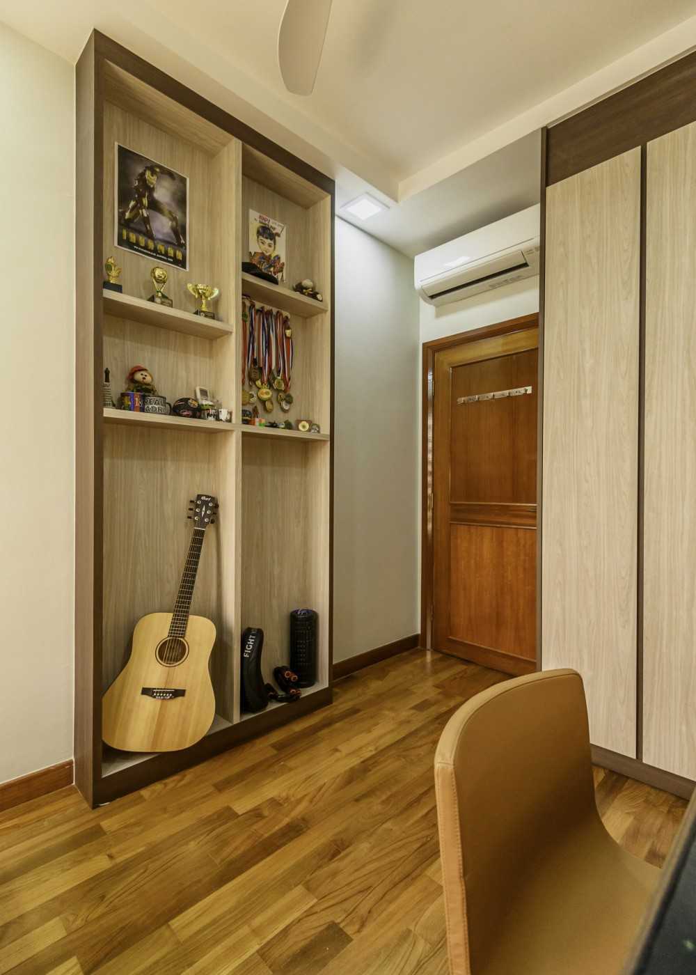 Asian Bedroom with Parquet Floor and Drop Ceiling
