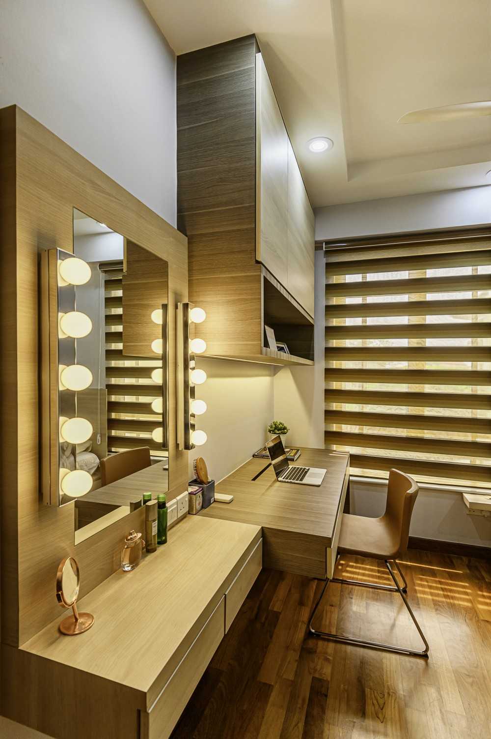 Asian Bedroom with Parquet Floor and Drop Ceiling