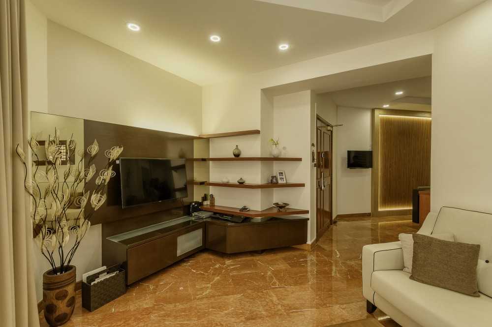 Asian Living Room with Marble Floor and TV Console