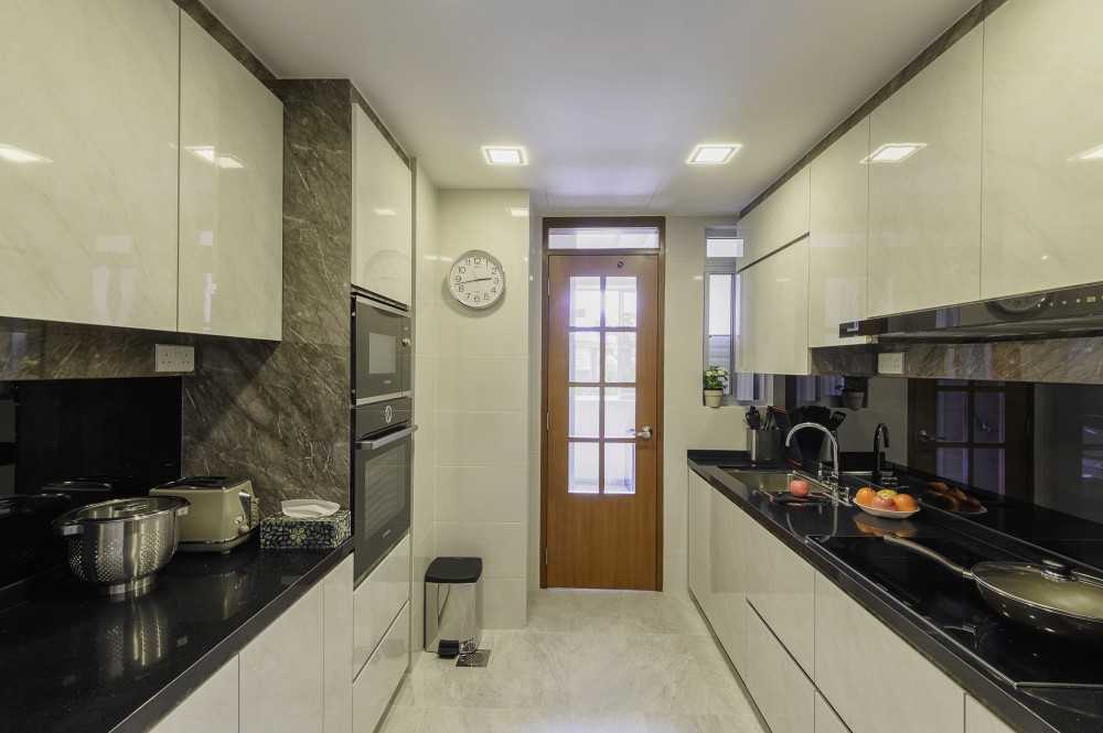 Asian Kitchen with Countertop and Homogeneous Tiles