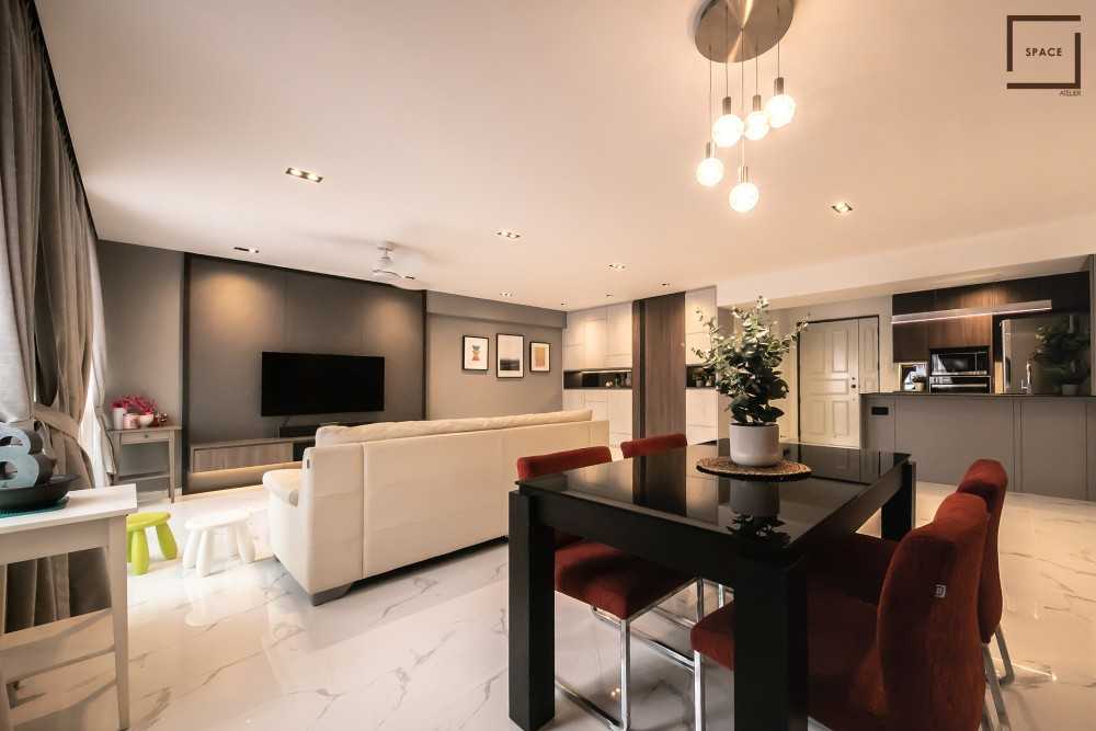 Contemporary Living Room with Granite Floor and TV Console