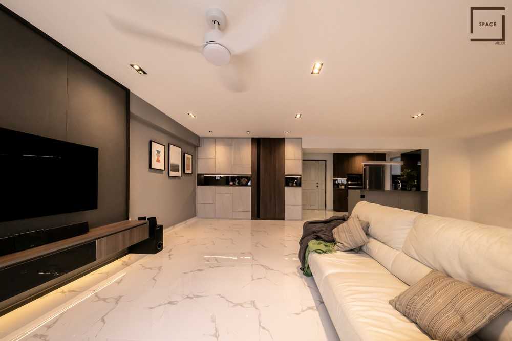Contemporary Living Room with Granite Floor and TV Console