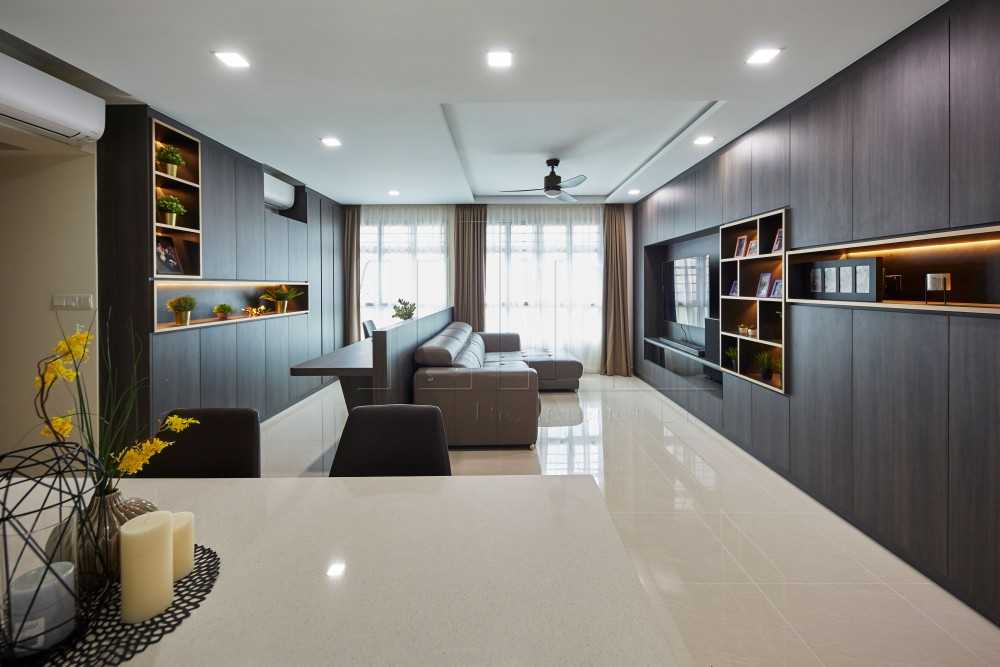 Modern Living Room with Homogeneous Tiles and TV Console
