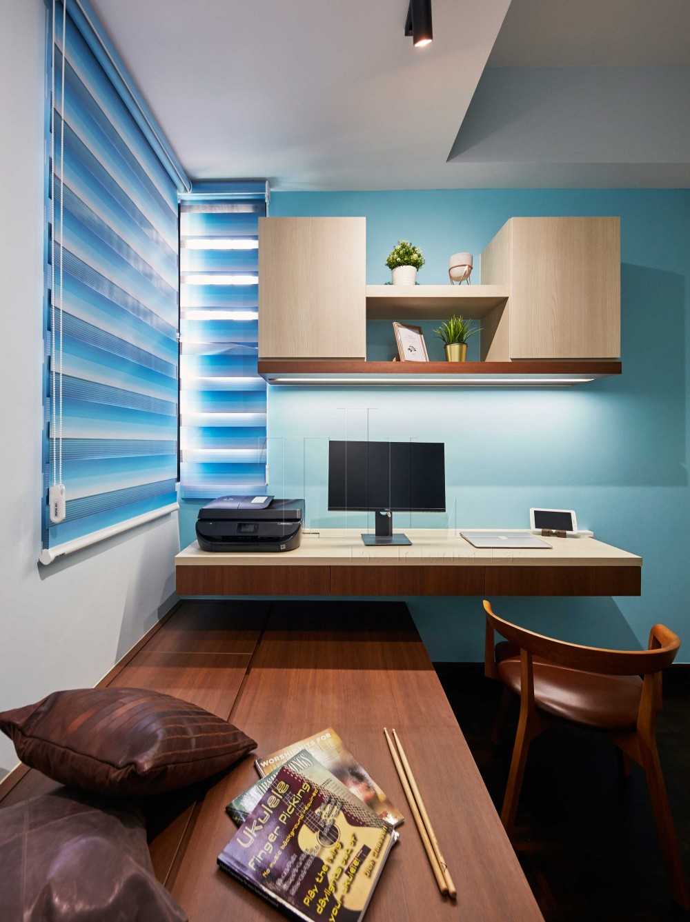 Modern Home Office with Bookshelf and Desk Chairs