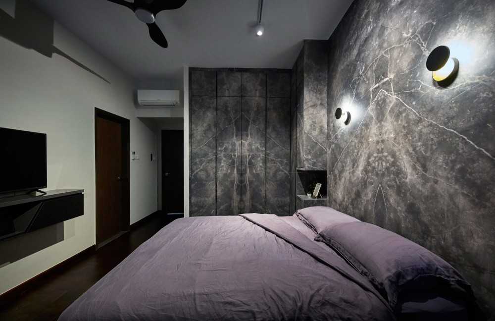 Modern Bedroom with Parquet Floor and Feature Wall