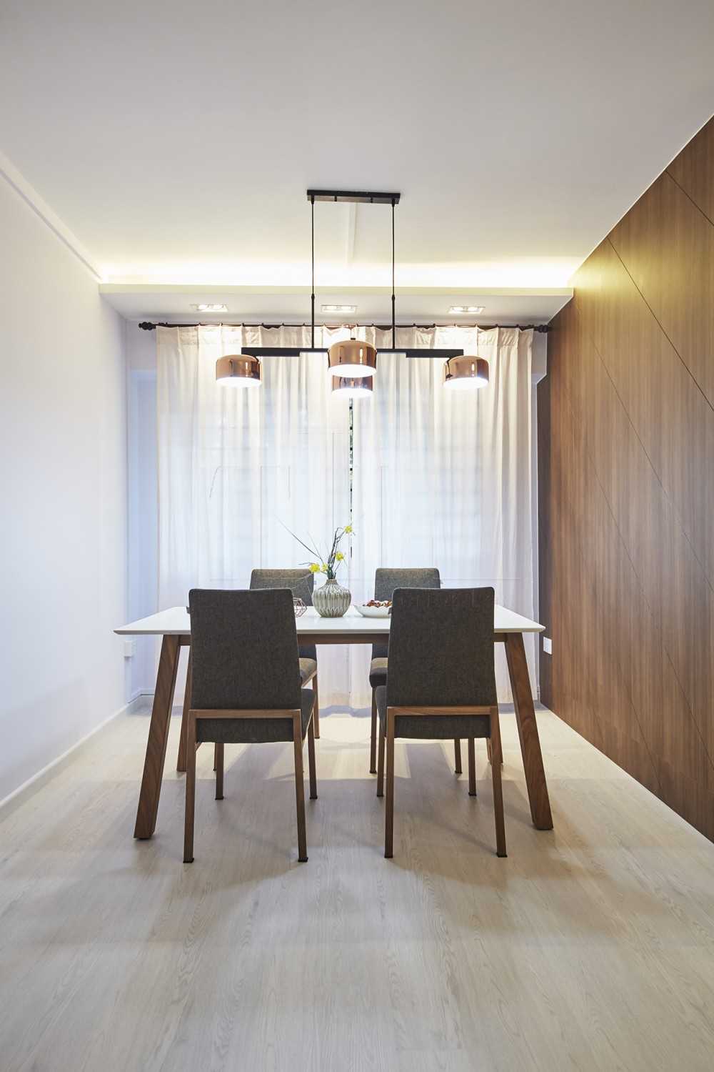 Transitional Dining Room with Feature Wall and Curtain