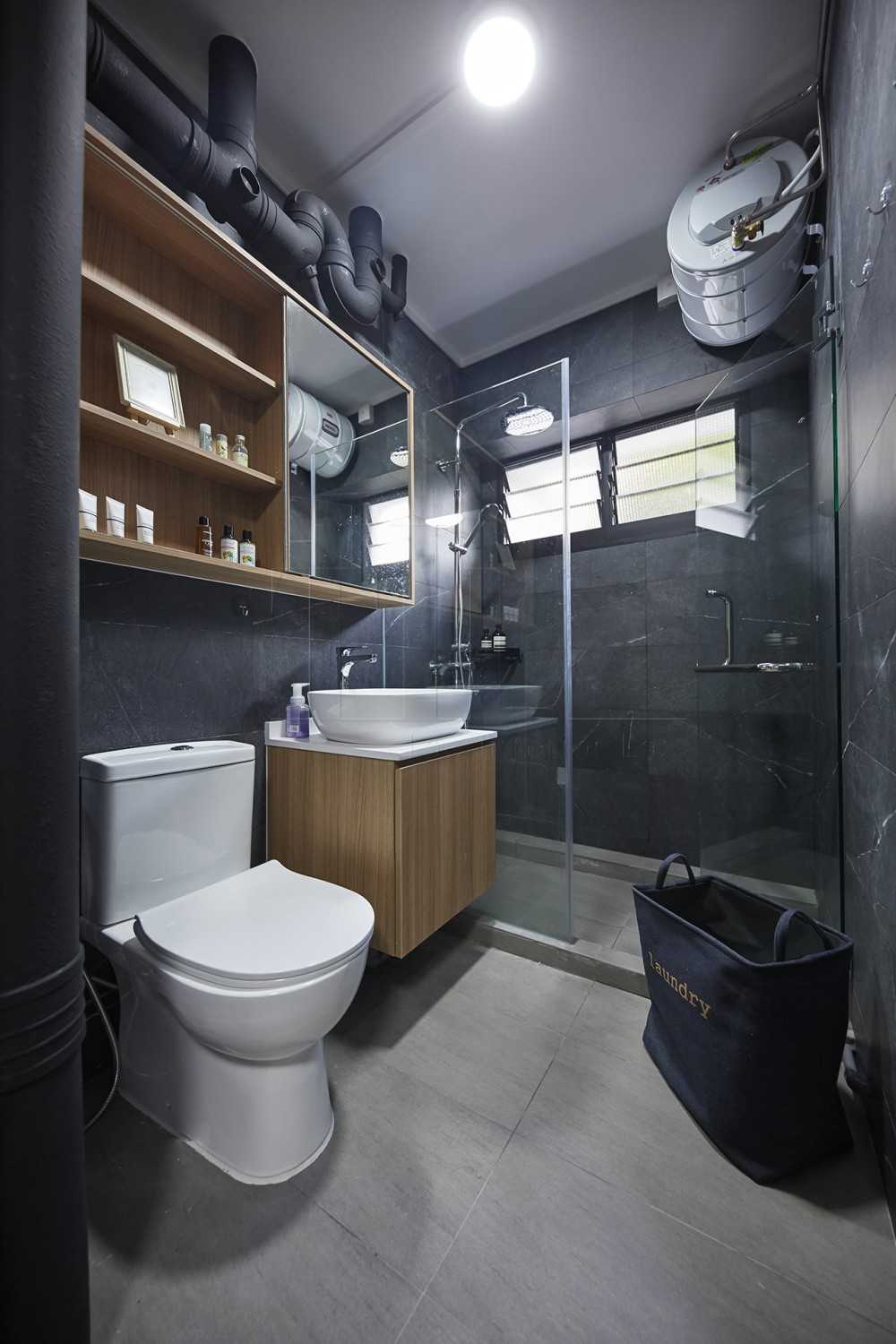 Transitional Bathroom with Homogeneous Tiles and Storage Cabinets