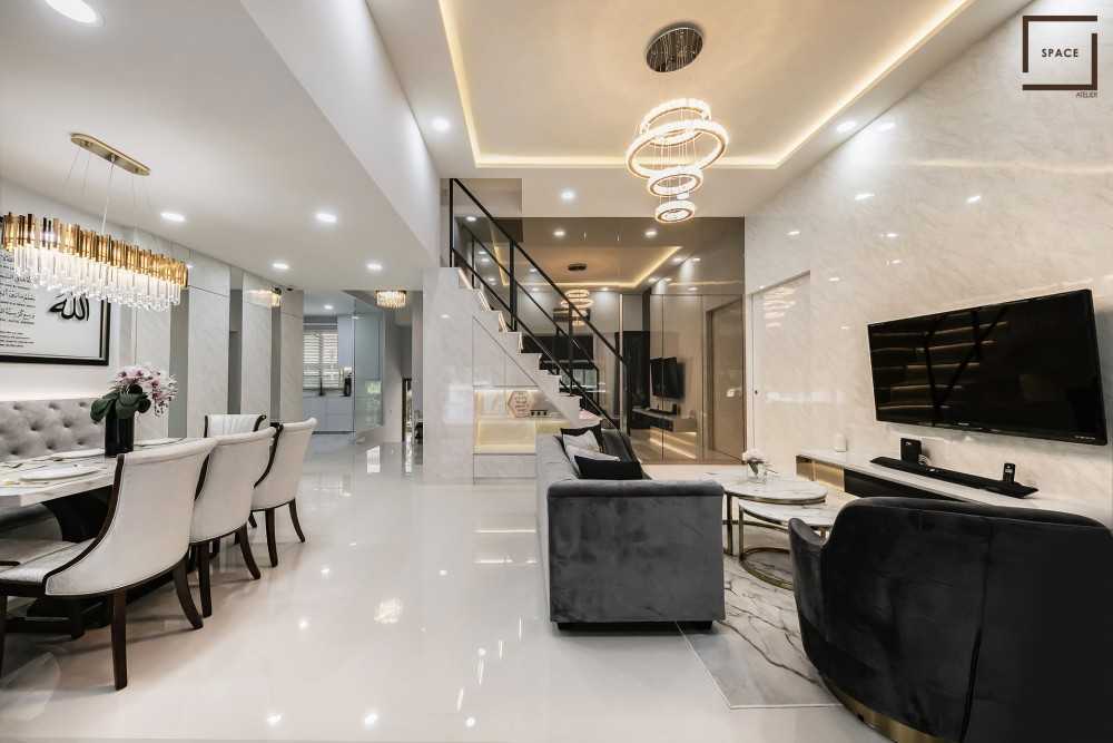 Modern Living Room with Cove Lighting and Chandelier
