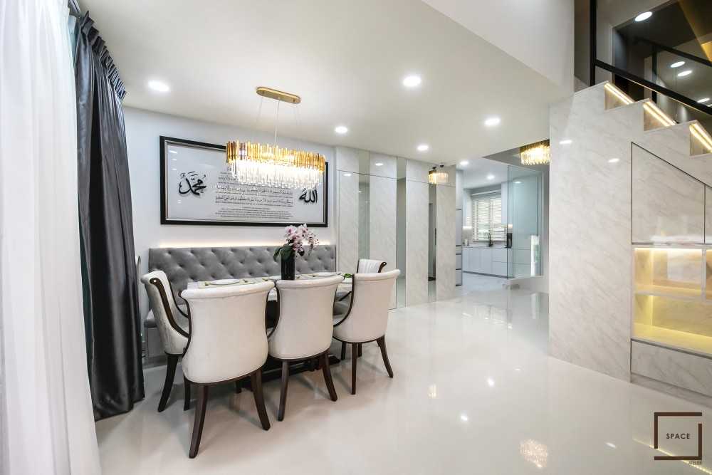 Modern Living Room with Granite Floor and Chandelier