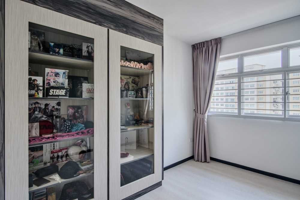 Contemporary Bedroom with Bookshelf and Vinyl Flooring