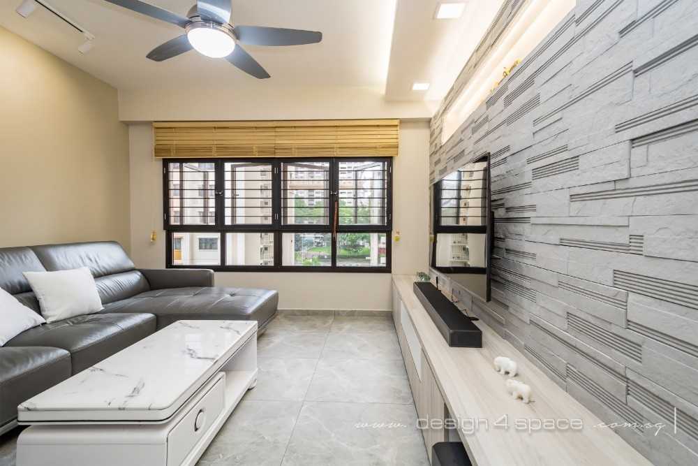 Contemporary Living Room with Homogeneous Tiles and TV Console