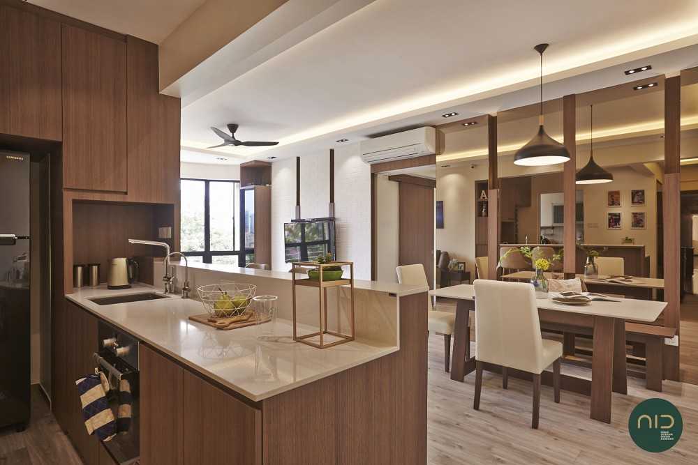 Scandinavian Dining Room with Countertop and Feature Wall