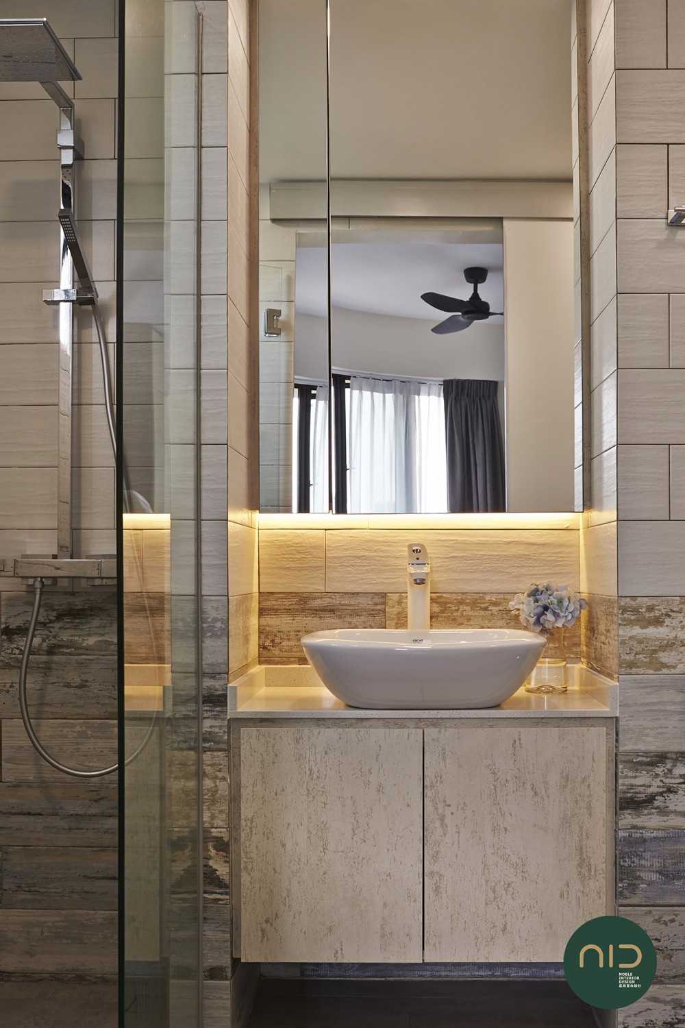 Scandinavian Bathroom with Countertop and Homogeneous Tiles