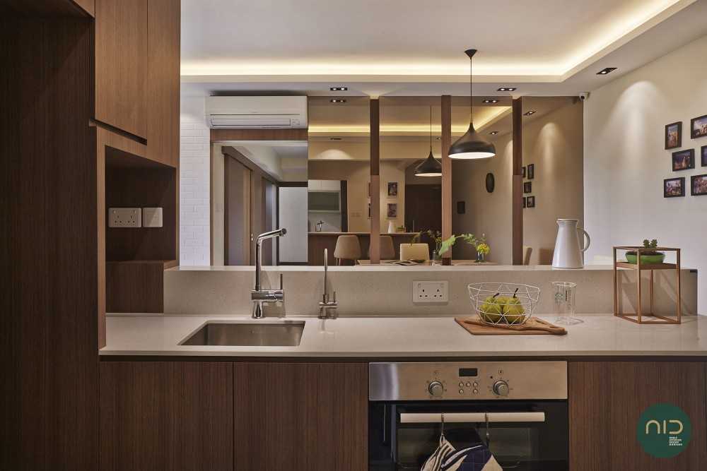 Scandinavian Dining Room with Countertop and Mirror