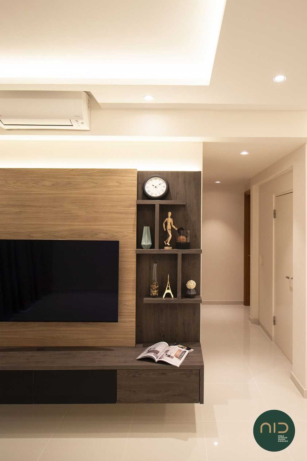 Modern Living Room with Homogeneous Tiles and TV Console