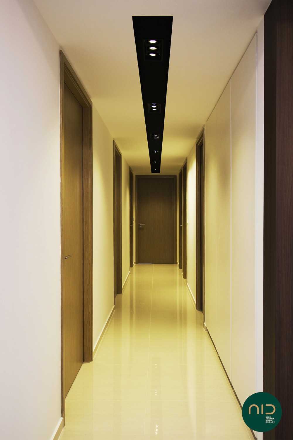 Modern Hallway with Homogeneous Tiles and Downlights