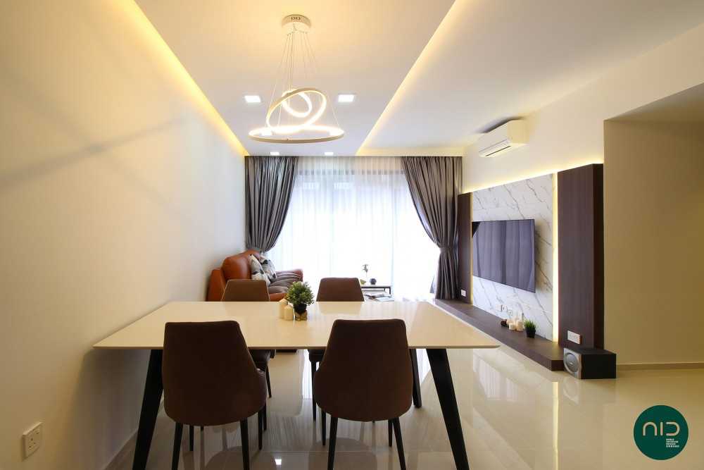 Modern Living Room with Homogeneous Tiles and Feature Wall
