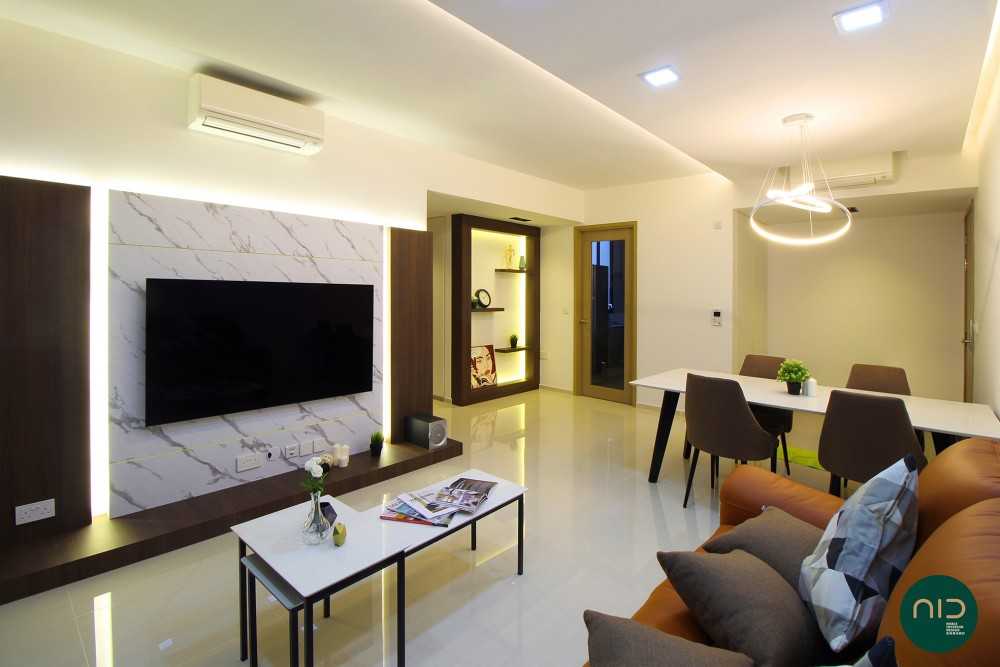 Modern Living Room with Homogeneous Tiles and Feature Wall