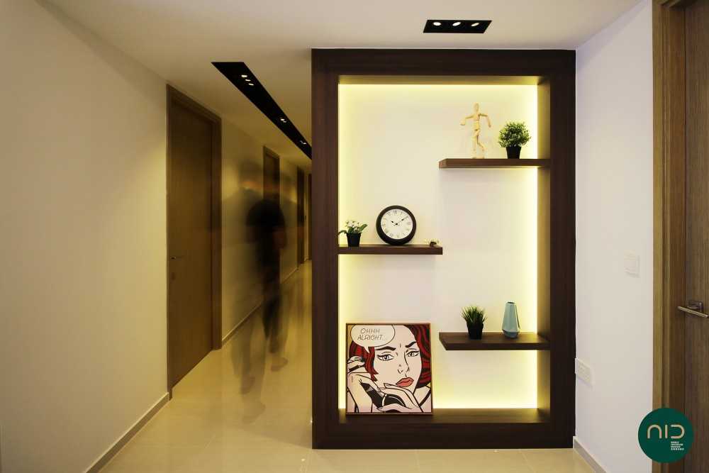 Modern Hallway with Bookshelf and Paintings