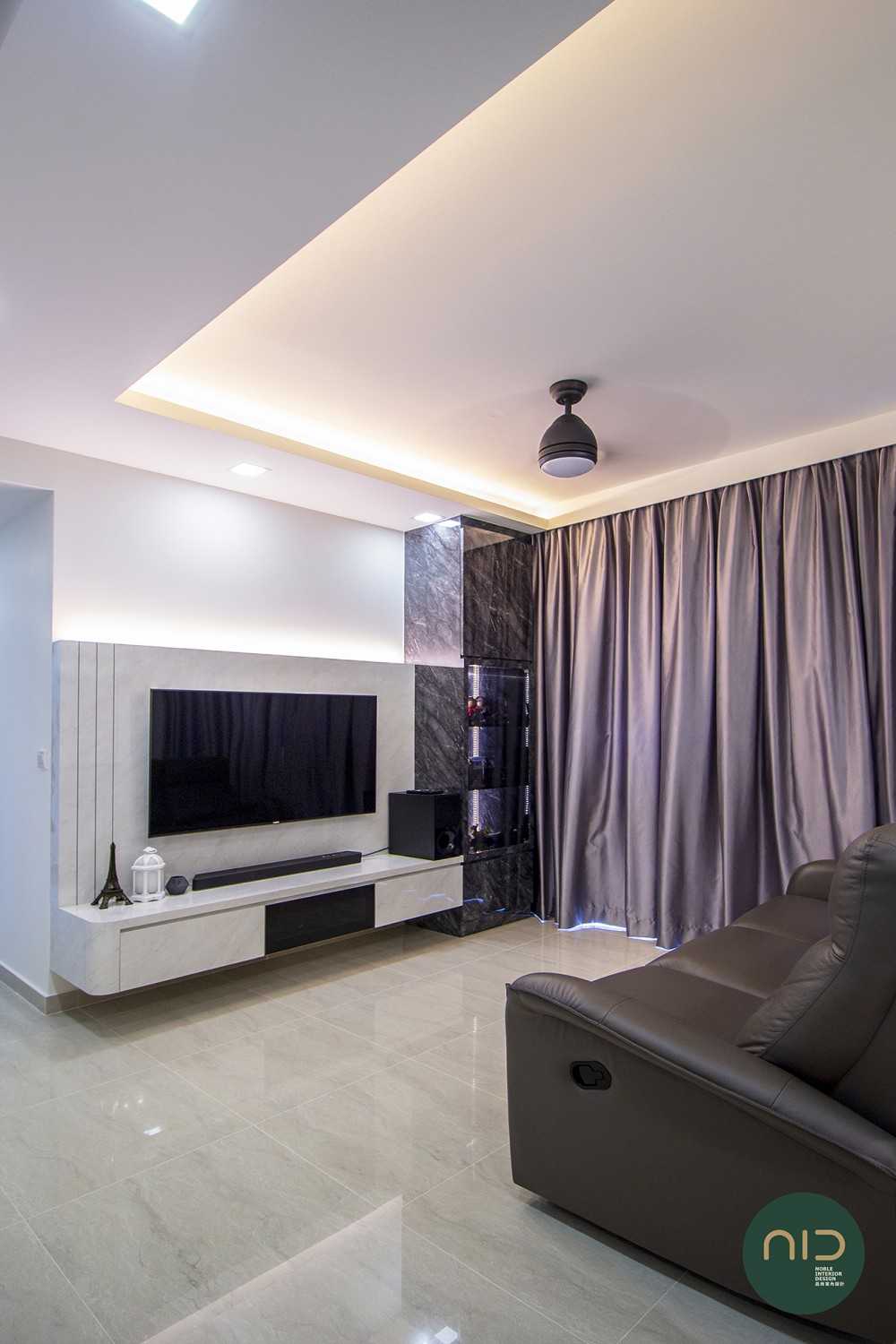 Modern Living Room with Homogeneous Tiles and TV Console
