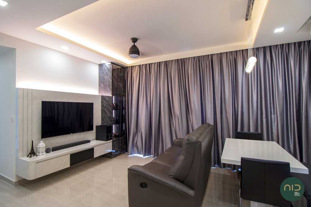 Modern Living Room with Homogeneous Tiles and TV Console