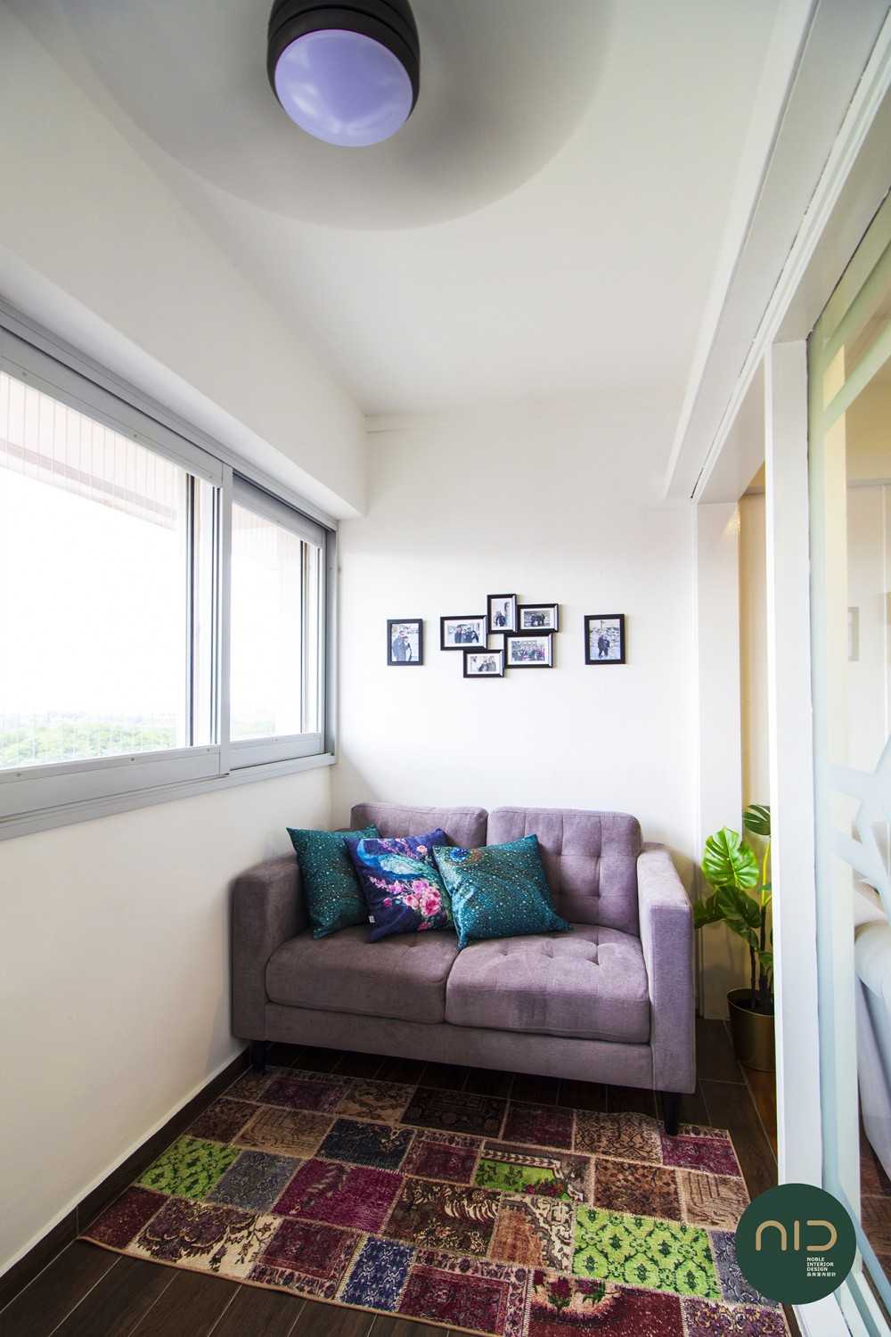 Transitional Balcony with Window Seat and Window Grille
