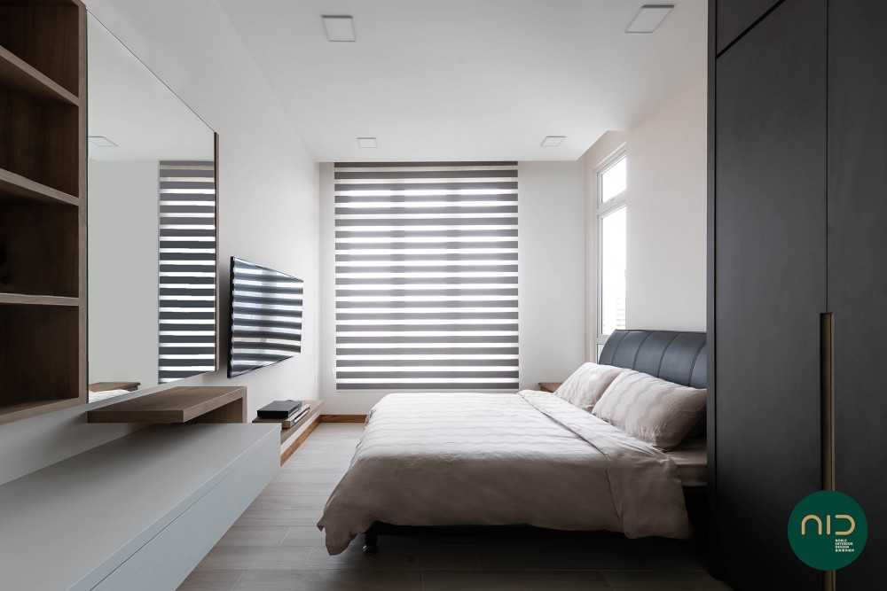 Modern Bedroom with Homogeneous Tiles and Mirror
