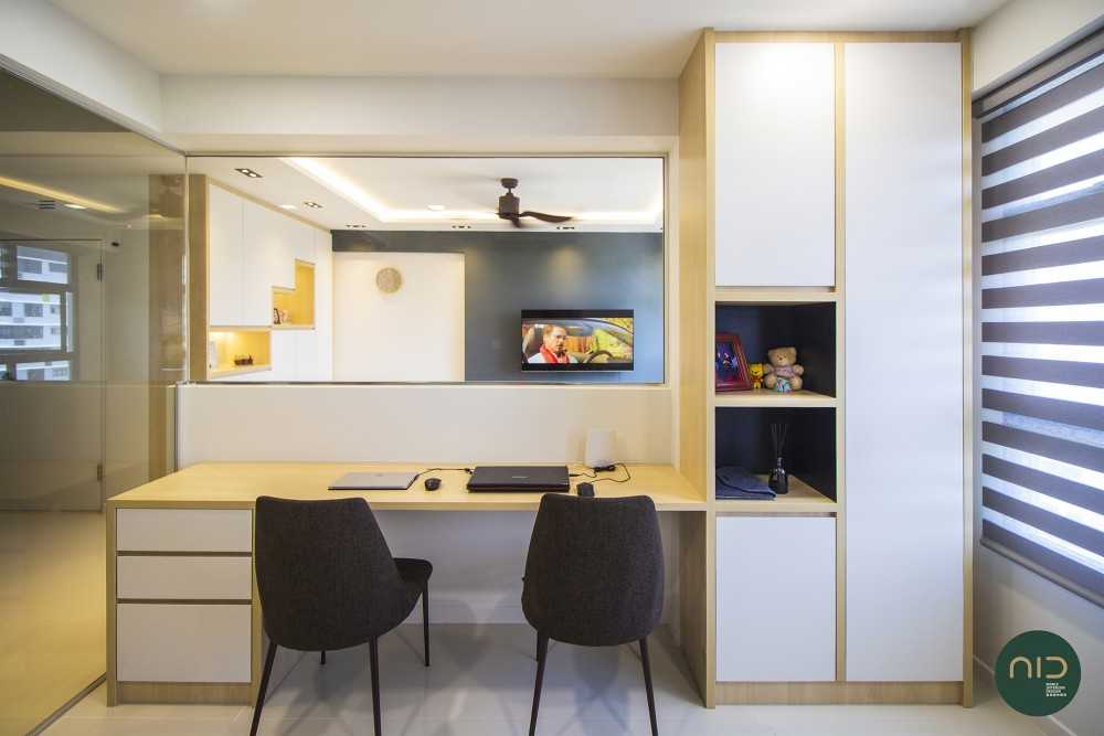 Scandinavian Study with Roller Blinds and Paintings