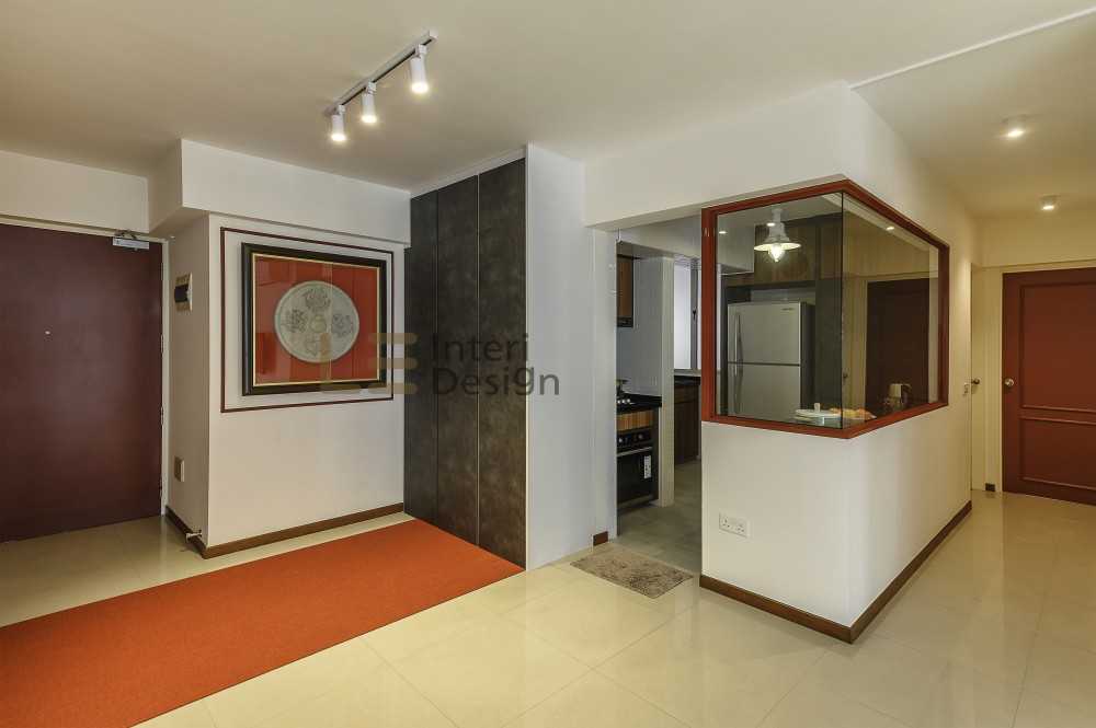 Contemporary Foyer with Homogeneous Tiles and Drop Light
