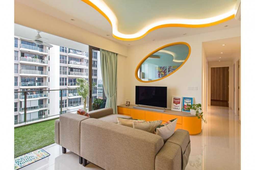 Eclectic Living Room with TV Console and Mirror