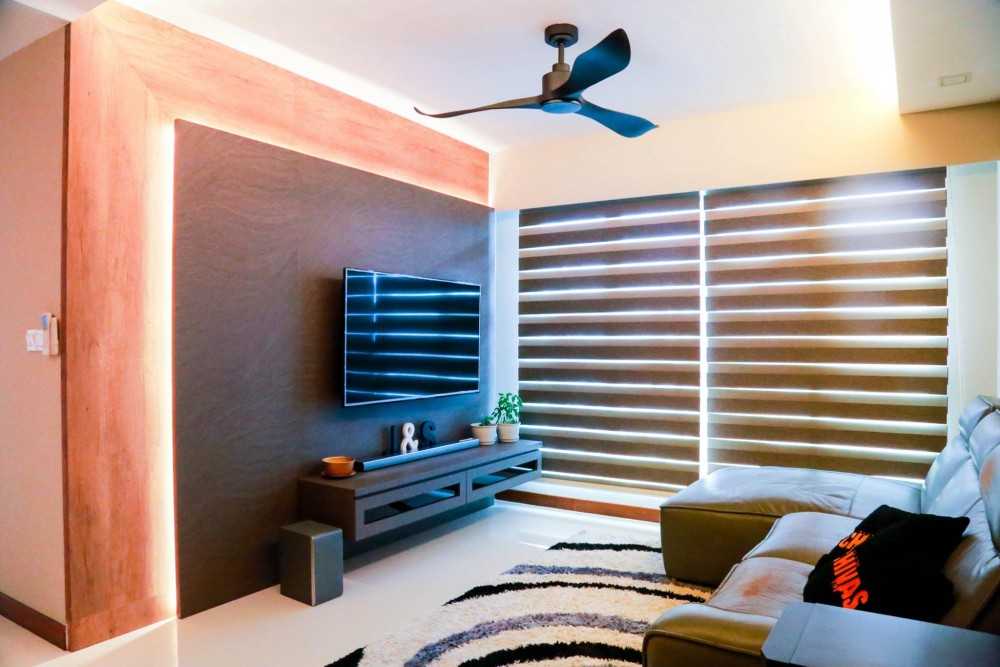 Industrial Living Room with Homogeneous Tiles and TV Console
