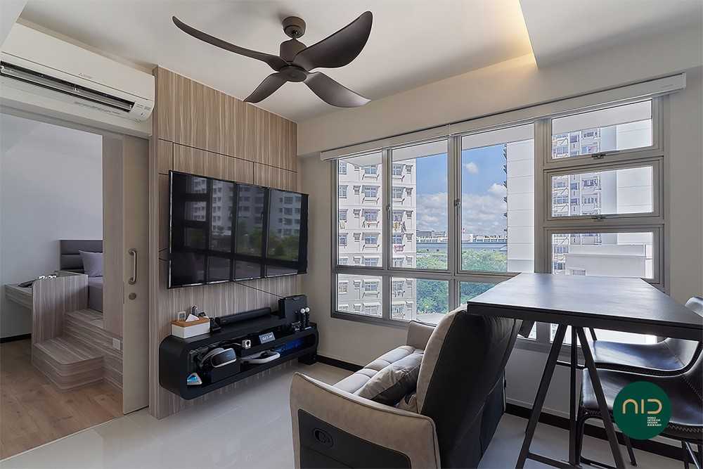Modern Living Room with Homogeneous Tiles and TV Console