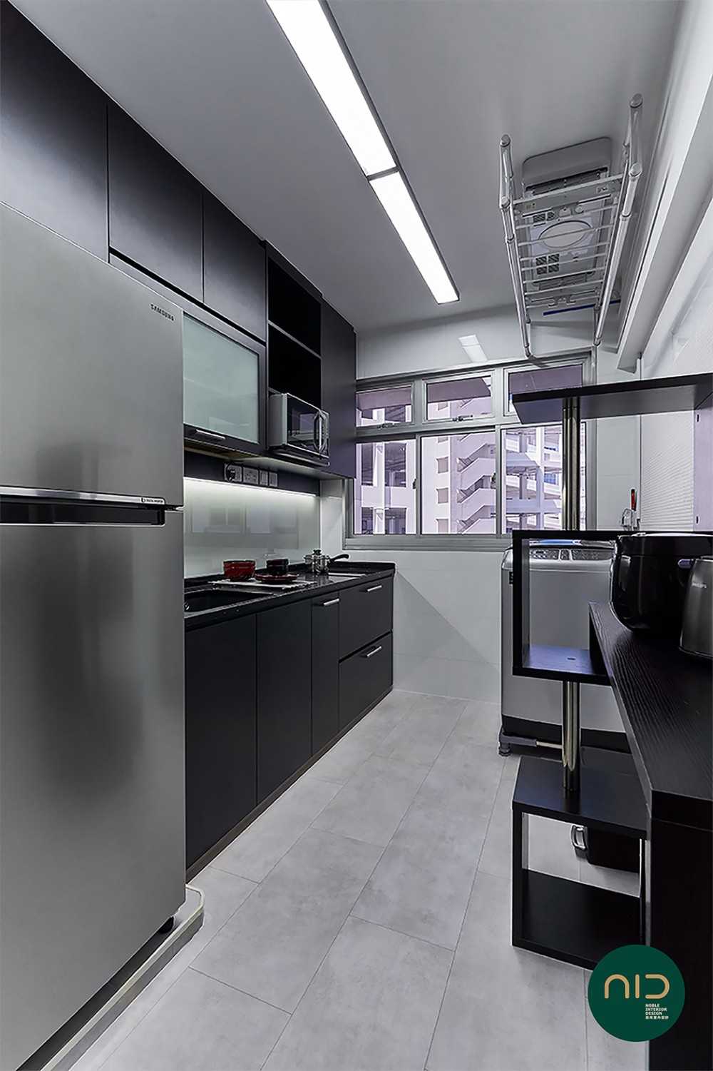 Modern Kitchen with Homogeneous Tiles and Ceiling Light