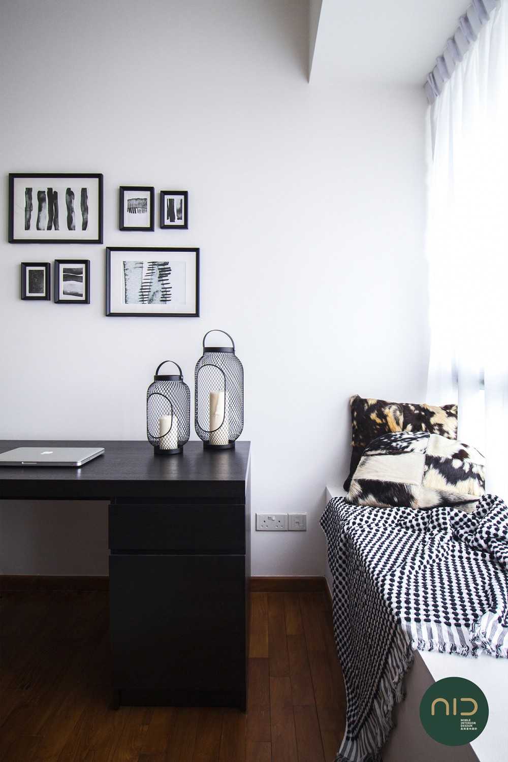 Modern Study with Bay Window and Artwork