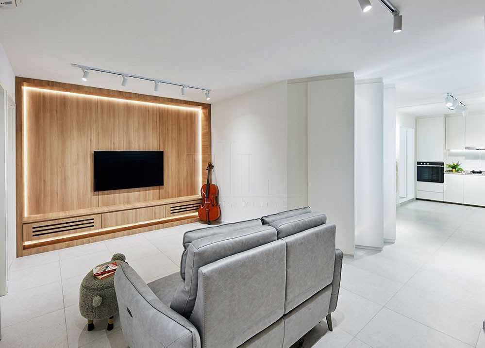 Scandinavian Living Room with TV Console and Feature Wall