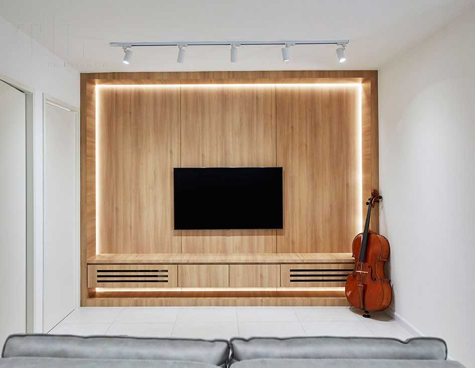 Scandinavian Living Room with TV Console and Feature Wall