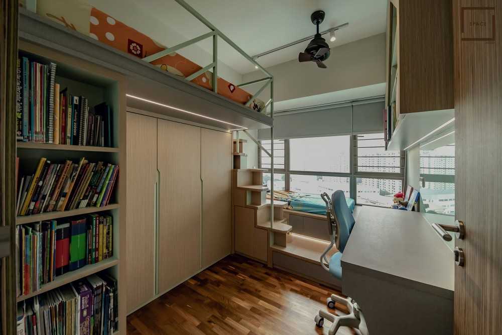 Contemporary Kids Room with Bookshelf and Built-in Bed