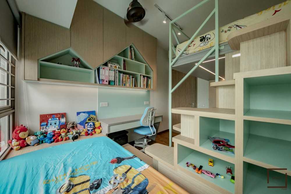Contemporary Kids Room with Bookshelf and Built-in Bed